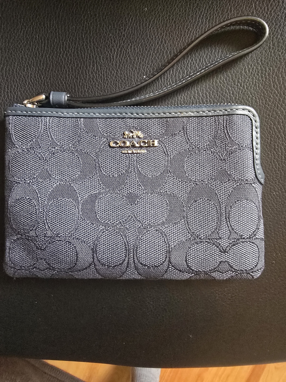 Coach Grey Signature Wristlet Pouch with Gold Logo